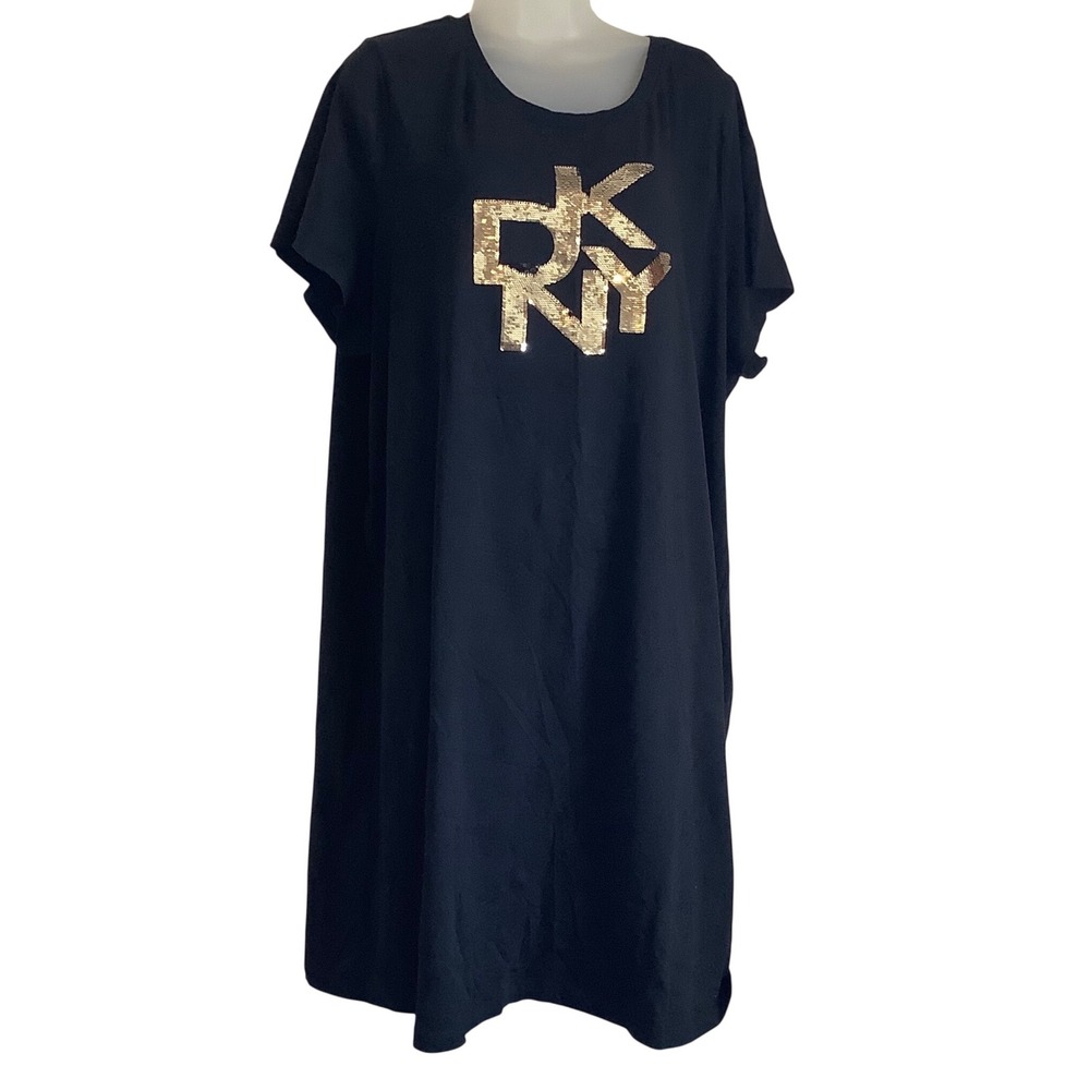 DKNY Womens Black Gold Sequin Logo T-Shirt Dress Size 2X Plus Short Sleeve Shift - Picture 3 of 10